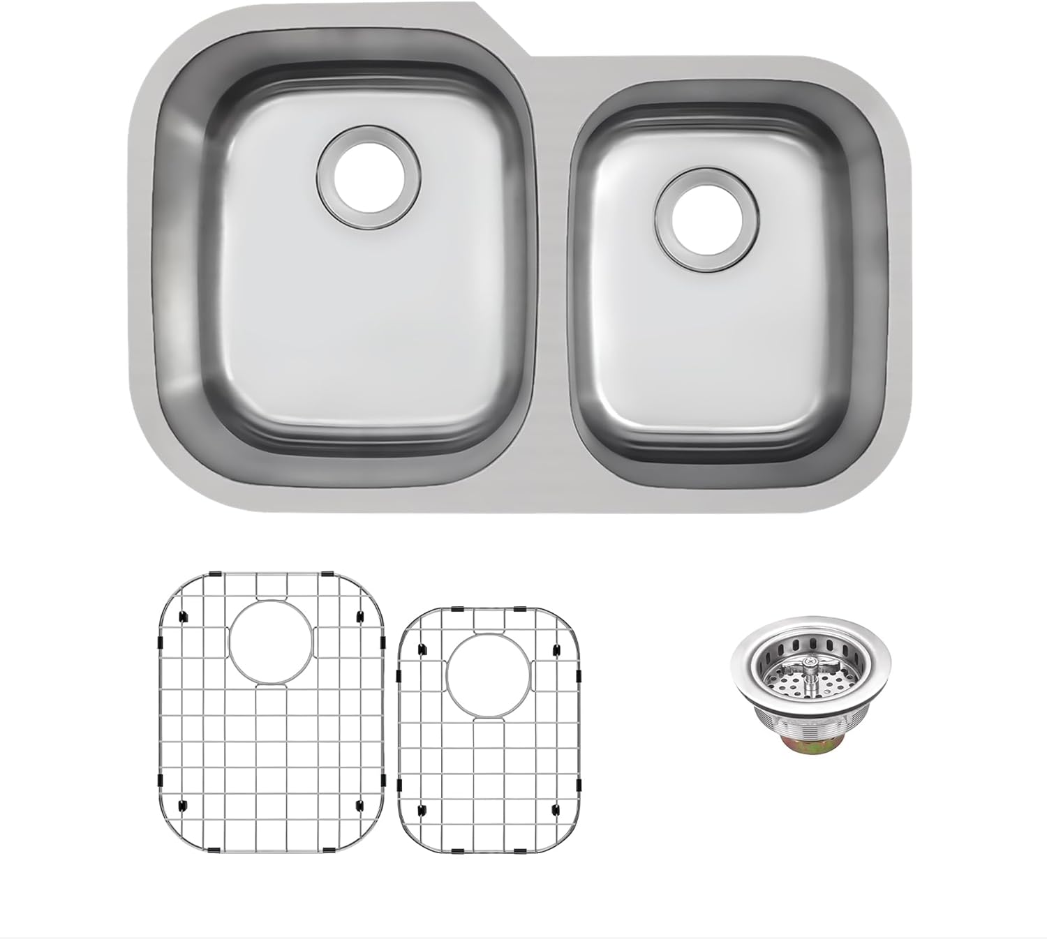 MERCURY 31.5 in. 18-Gauge Stainless Steel Undermount 60/40 Double Bowl Kitchen Sink (Sink, Grid & 1 Strainer)