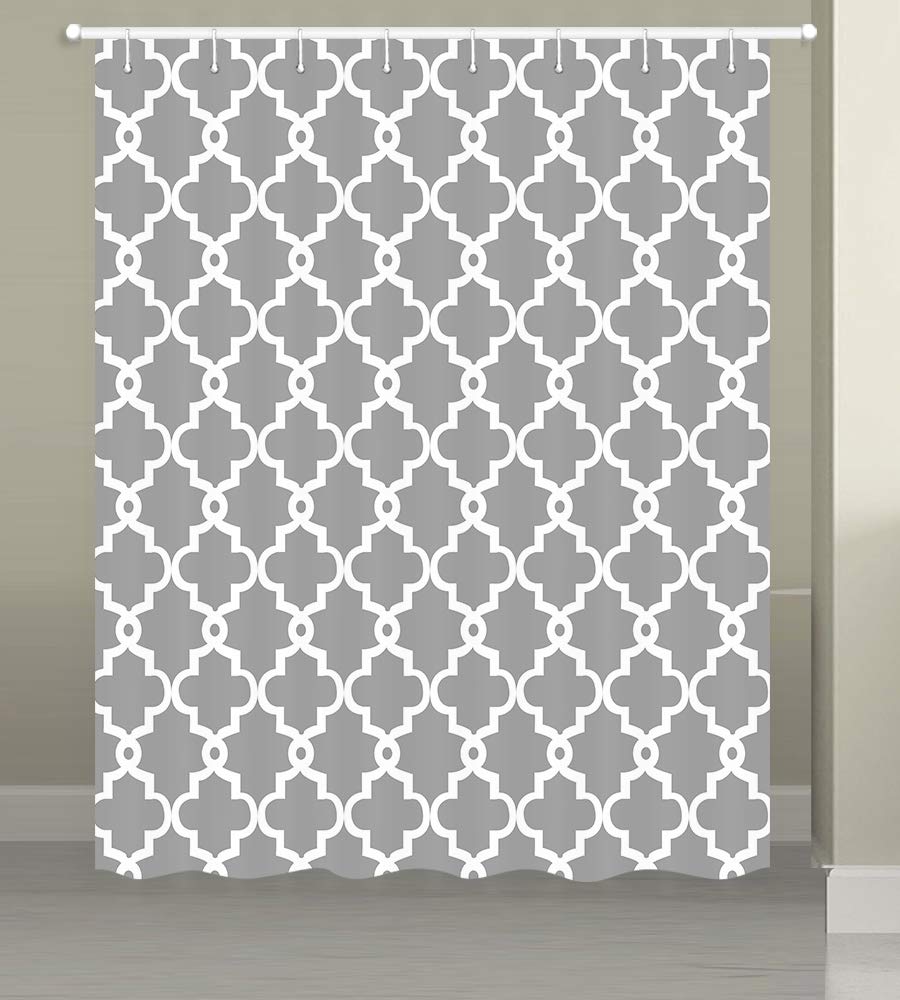 JAWO Geometric Pattern RV Shower Curtain White Plaid Print On Gray Fabric Shower Curtain for Camper Trailer Camping Bathroom 47 X 64 Inches