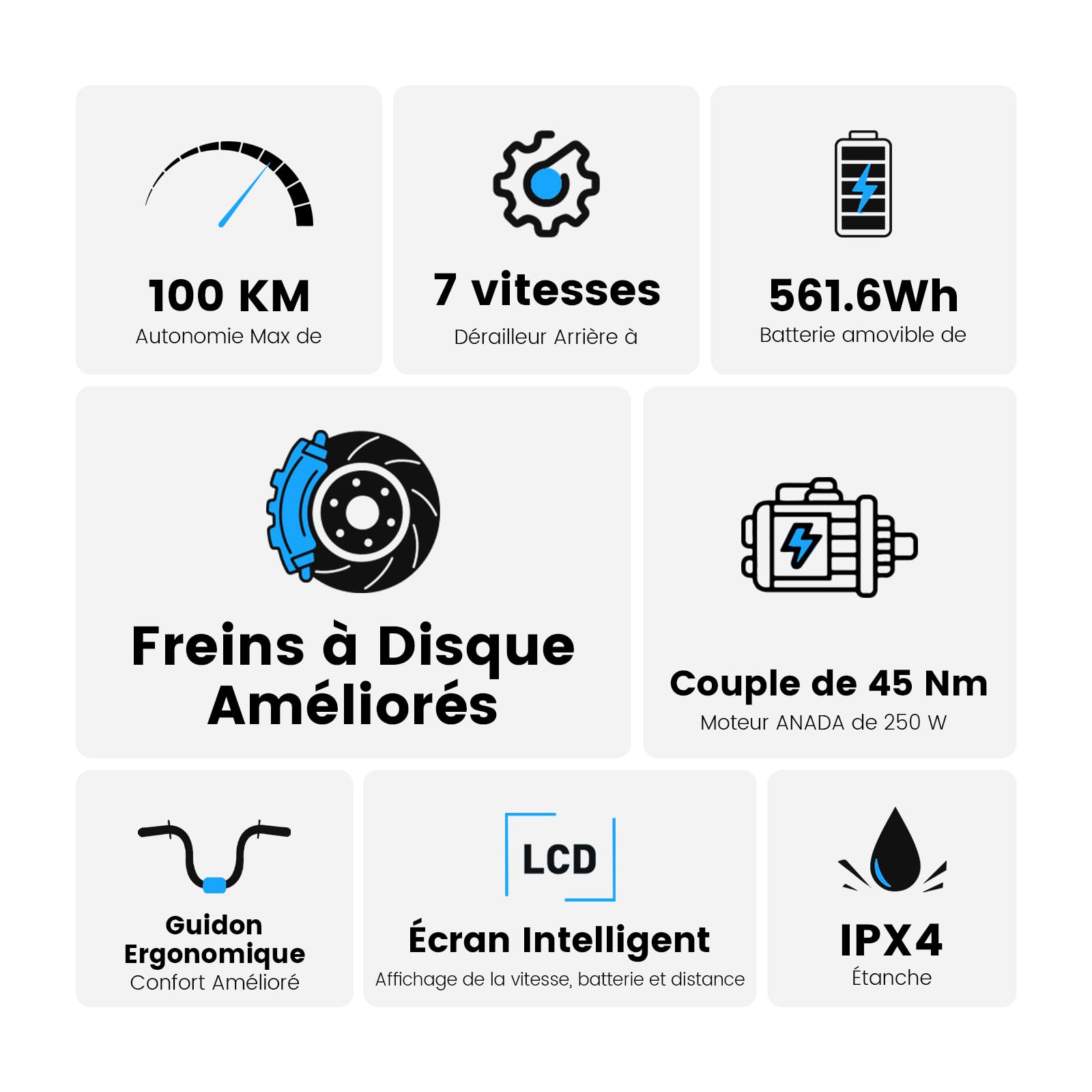 Vélo Électrique 27,5", Moteur 250W, Batterie 36 V 15,6 Ah Amovible, Autonomie Jusqu’à 100 km, 7 Vitesses, Écran LCD, Assistance 25 km/h, Charge Max 120 kg, Modèle Mixte E-Bike