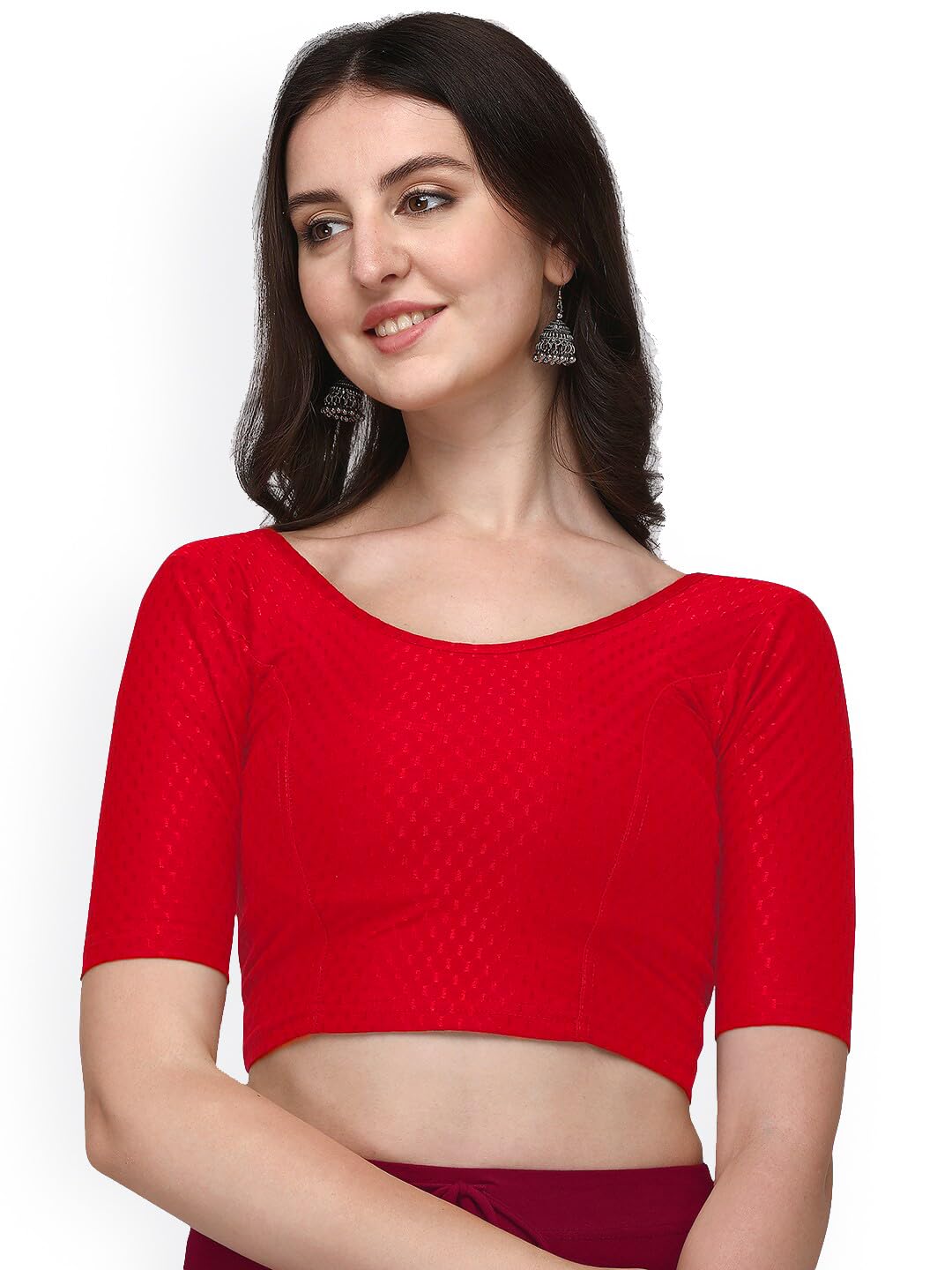 arya enterprise Plain Solid Round Neck Dobby Cotton Lycra Stretchable Elbow Half Sleeve Readymade Saree Blouse for Women Stylish Red Size 30"-picture-10