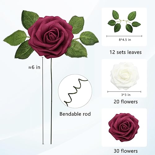 Miniatura 2 de JOYLEX Rosas artificiales realistas, 50 piezas de rosas falsas con tallo de aspecto real para ramos de boda, centros de mesa, despedida de soltera,