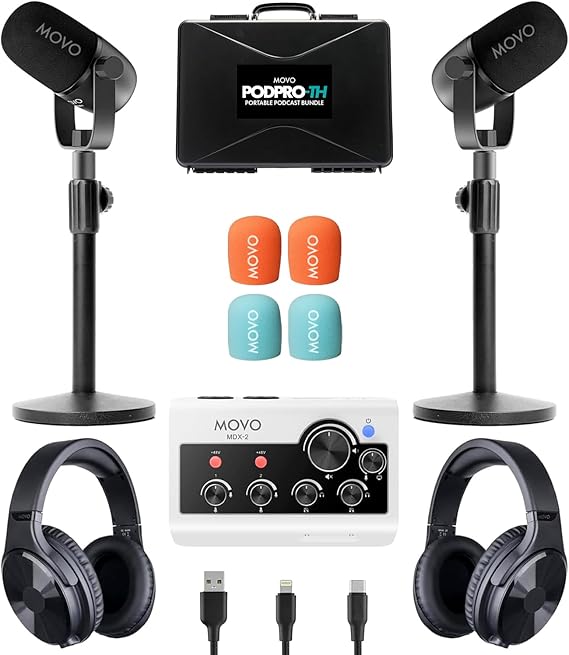 Movo Portable Podcast Equipment Bundle for iPhone/Android Phones- Podcast Kit with Audio Interface, 2 CastMic Dynamic Mics, 2 Table Stands - For Smartphones, Computers, PC, Mac - Lightning, USB, USB-C