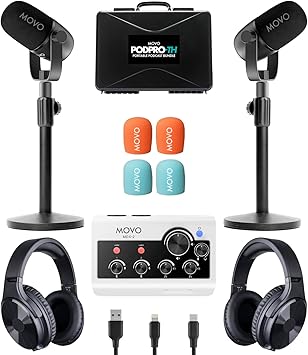 Movo Portable Podcast Equipment Bundle for iPhone/Android Phones- Podcast Kit with Audio Interface, 2 CastMic Dynamic Mics, 2 Table Stands - For Smartphones, Computers, PC, Mac - Lightning, USB, USB-C