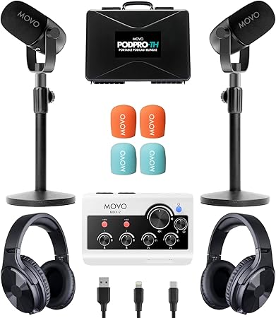 Movo Portable Podcast Equipment Bundle for iPhone/Android Phones- Podcast Kit with Audio Interface, 2 CastMic Dynamic Mics, 2 Table Stands - For Smartphones, Computers, PC, Mac - Lightning, USB, USB-C