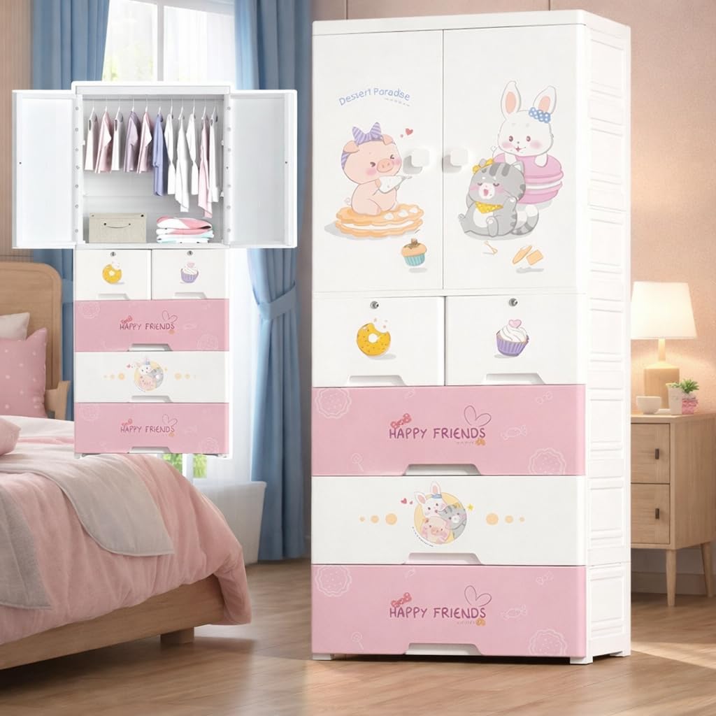 1+5 Door Multi-Purpose Organizer | 𝐊𝐢𝐝𝐬 𝐏𝐥𝐚𝐬𝐭𝐢𝐜 Premium White Plastic Storage Cabinet | Multipurpose Wardrobe Organizer for Bedroom, Kids Room & Living Area - Pink-picture-18