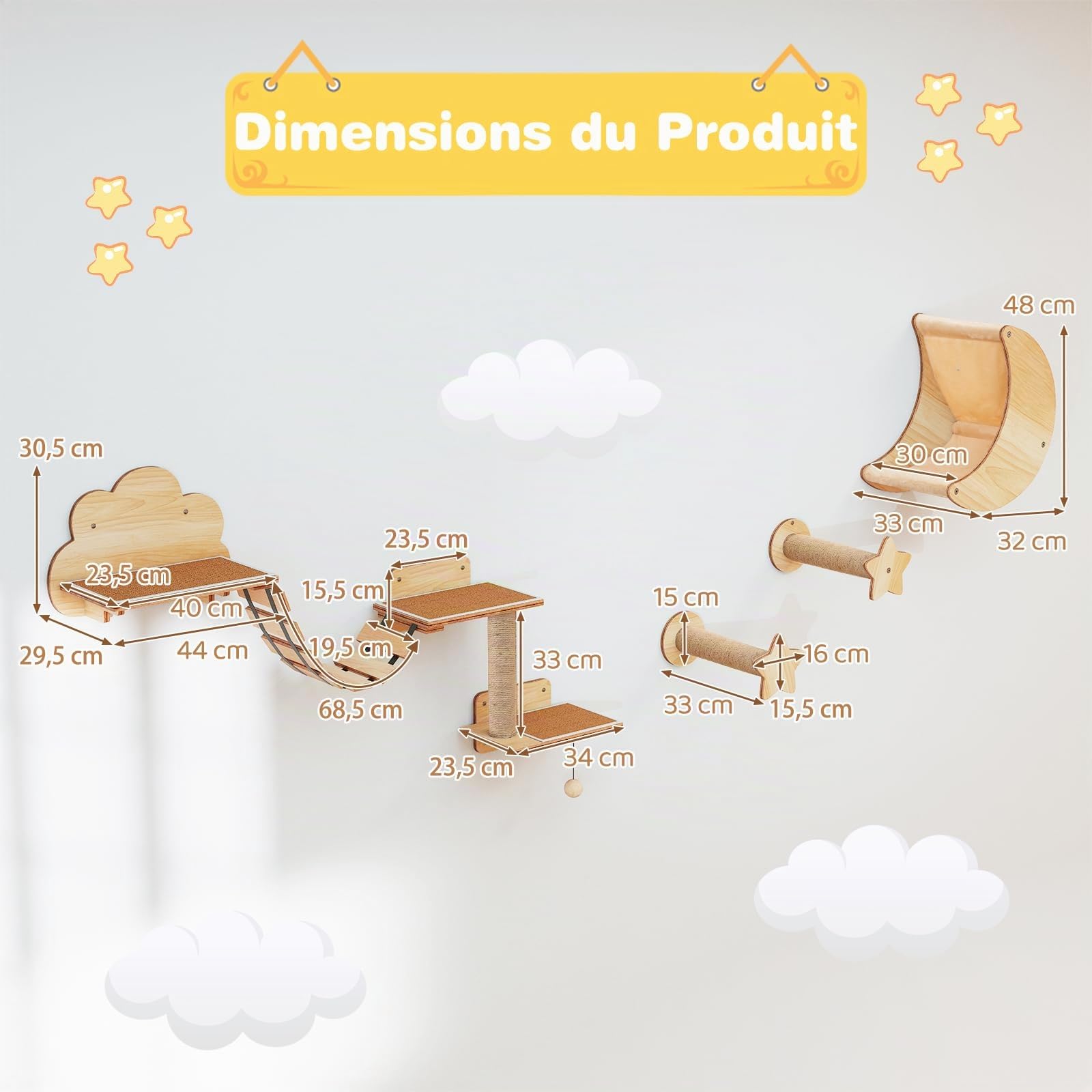 GOPLUS Parcours Mural Chat avec 4 Pièces en Bois Intérieur, Naturel