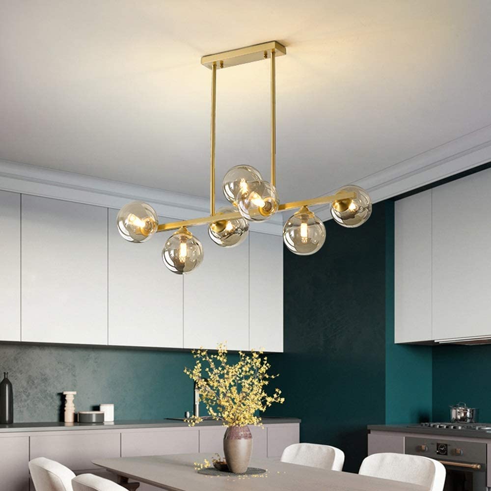 KXEcoLife G9 LED Glass Ball Chandeliers Nordic Industrial Hanging Light 7 Flame Pendant Dining Table Lamp With Amber Lampshade, For Room, Living Room beautiful