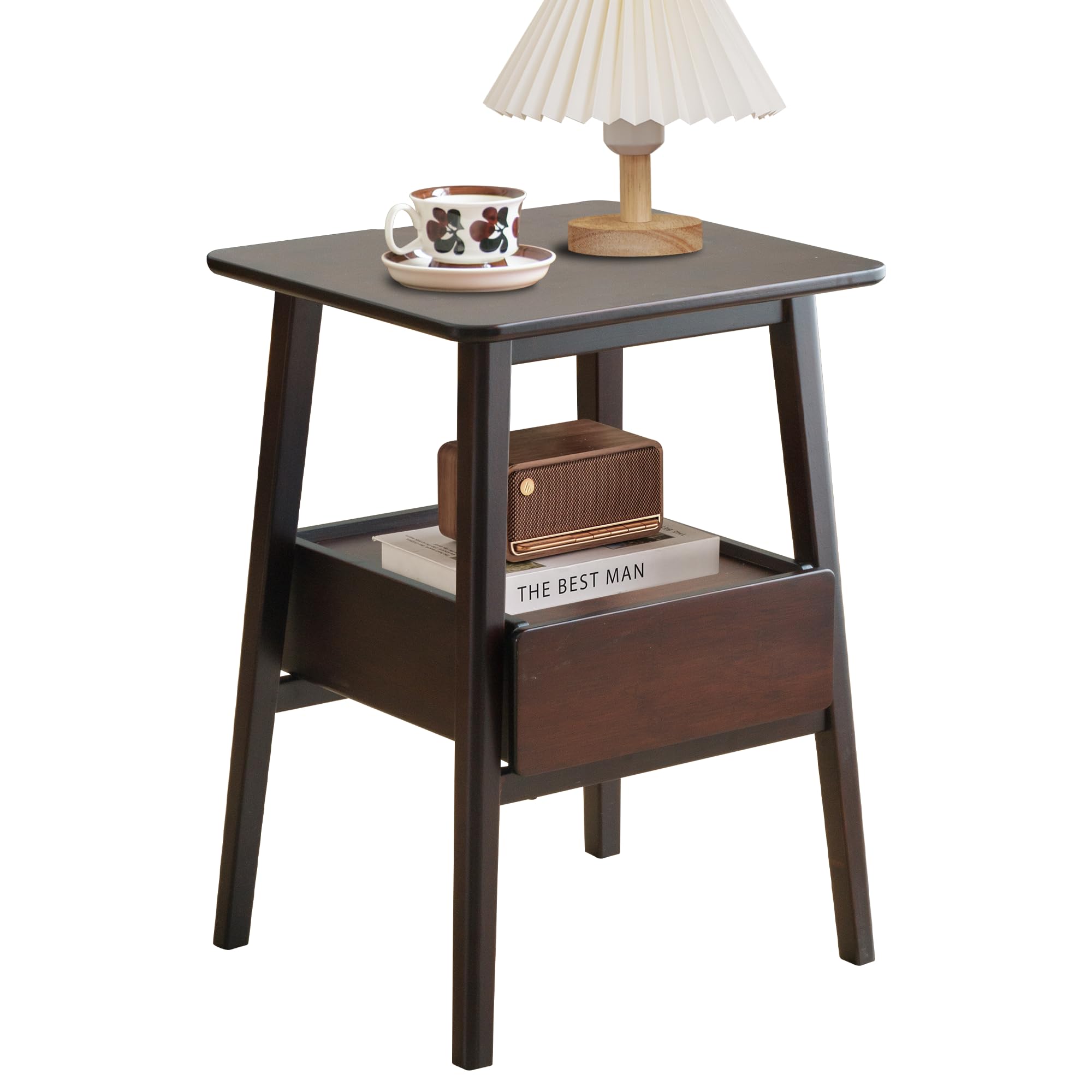 Kuabner Night Stand with Drawer, Mid Century Modern Nightstand, Bedside Tables with Open Storage Shelf,Large Storage End Table, Bamboo Night Stands