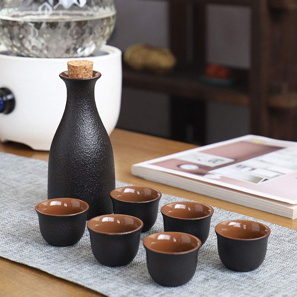 SCAU Ceramic Black Japanese Sake Set with Warmer/Set Cup Bottle, 7