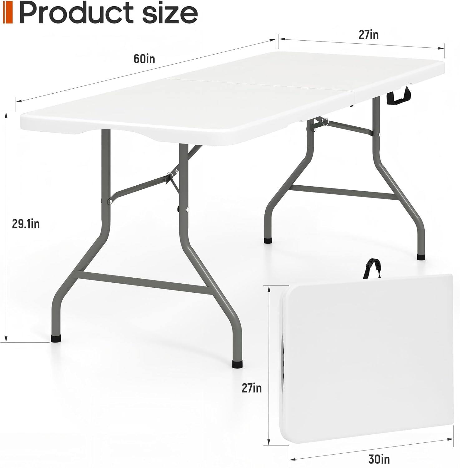 5 Foot Folding Table 350 LBS Heavy Duty, 18% Thicker HDPE Waterproof Top, Portable Fold in Half Table with Carrying Handle and Steel Frame for Indoor Outdoor Party Events