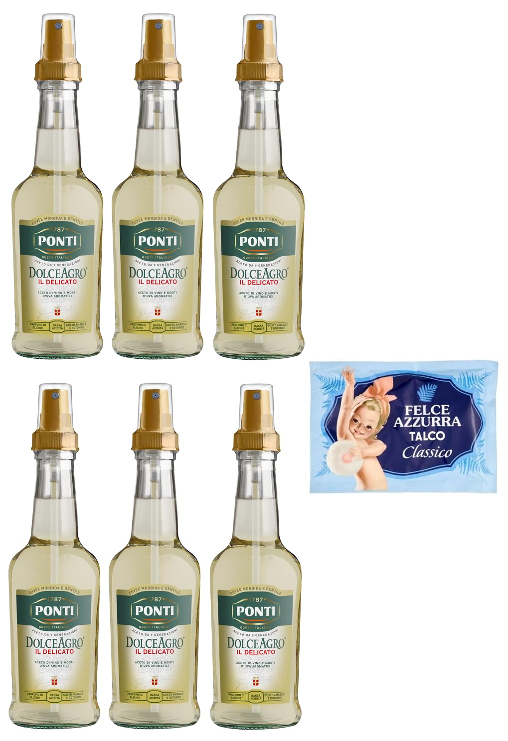 Ponti Lot de 6 flacons de vinaigre Dolceagro Il Delicato en spray vinaigre de vin et moût de raisins aromatique 250 ml + 1 sachet de talc Felce Azzurra 100 g