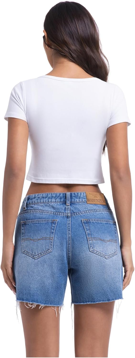 Women's High Waisted Raw Hem Ripped Jean Shorts Distressed Casual Summer Style - Image 2