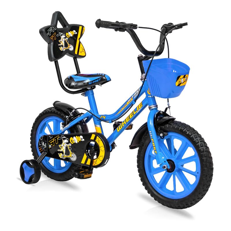Image of HI-FAST Wheelie Fun and Easy-Ride 14 Inch Rigid Cycles for Kids Ages 2-5 Years with Training Wheels and 95% Assembled, Blue