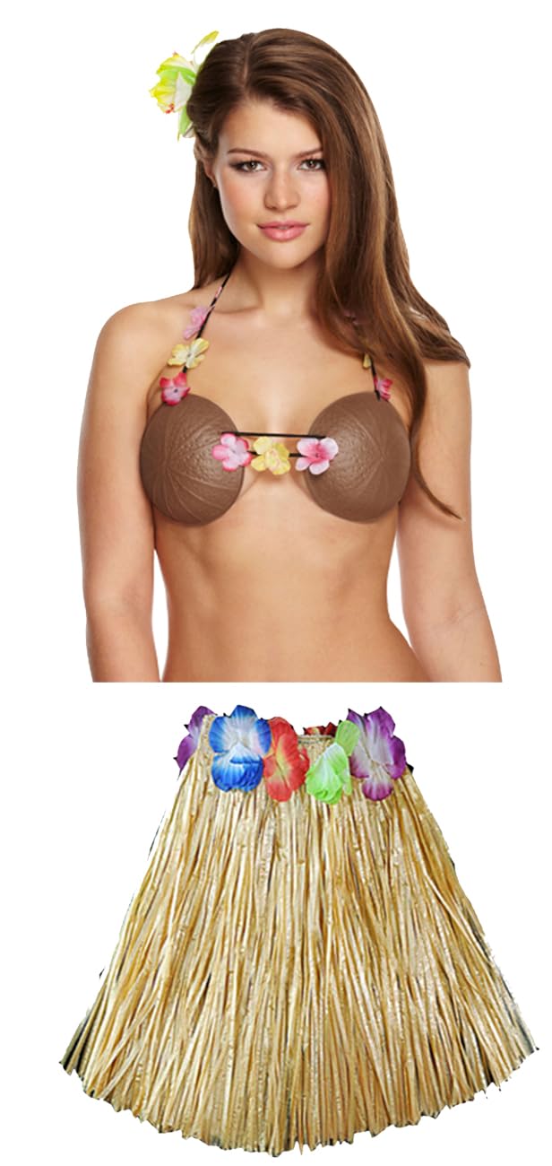 labreeze Hawaiian Hula Grass Skirt & Coconut Bra Set – Ladies & Girls Luau Beach Party Fancy Dress Costume (Natural)