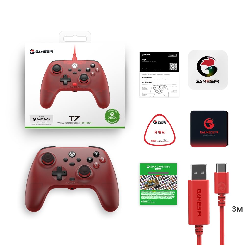 GameSir T7 Wired kontroler do Xbox Series X|S, Xbox One & Windows 10/11, Plug and Play gamepad z efektem Hall Joysticks/Hall Trigger, jack audio 3,5 mm, czerwony