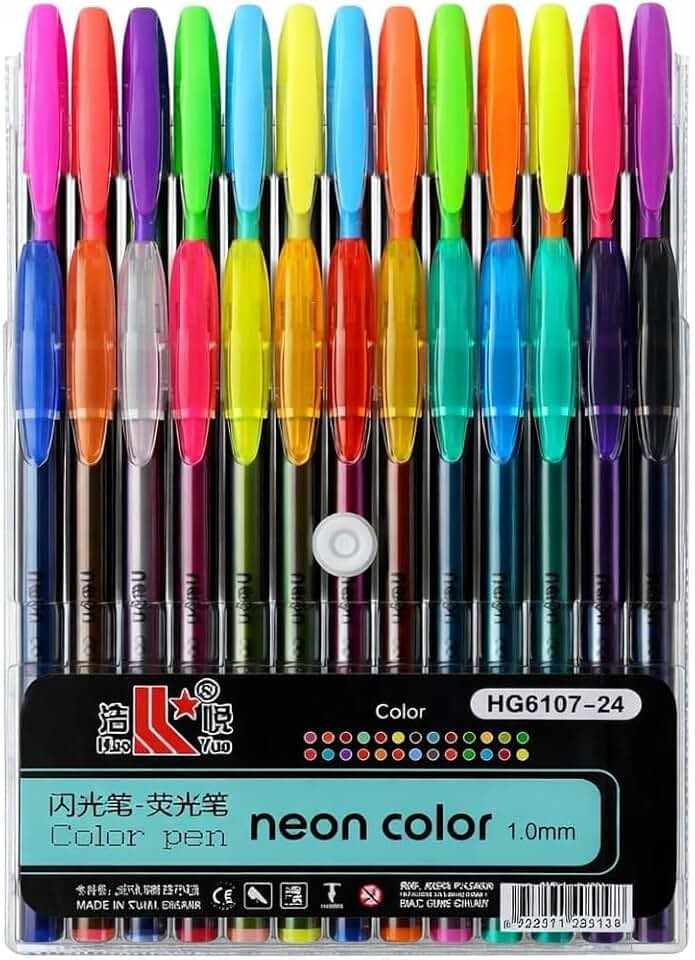 Kit 24 Canetas Gel Coloridas Neon – Ponta 1.0mm, Escrita Suave, Ideal para Escola, Bullet Journal, Planner, Marca-Texto, Artesanato e Decoração