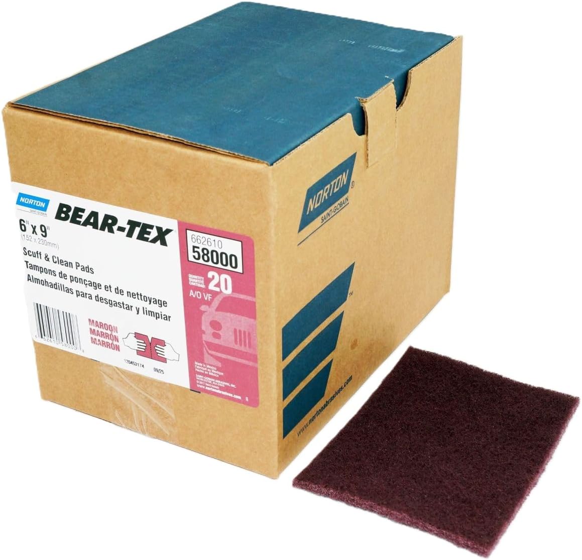 Norton 58000 Heavy-Duty Bear-Tex Maroon 6" x 9" Primer Prep Scuff Pad (Case of 20)