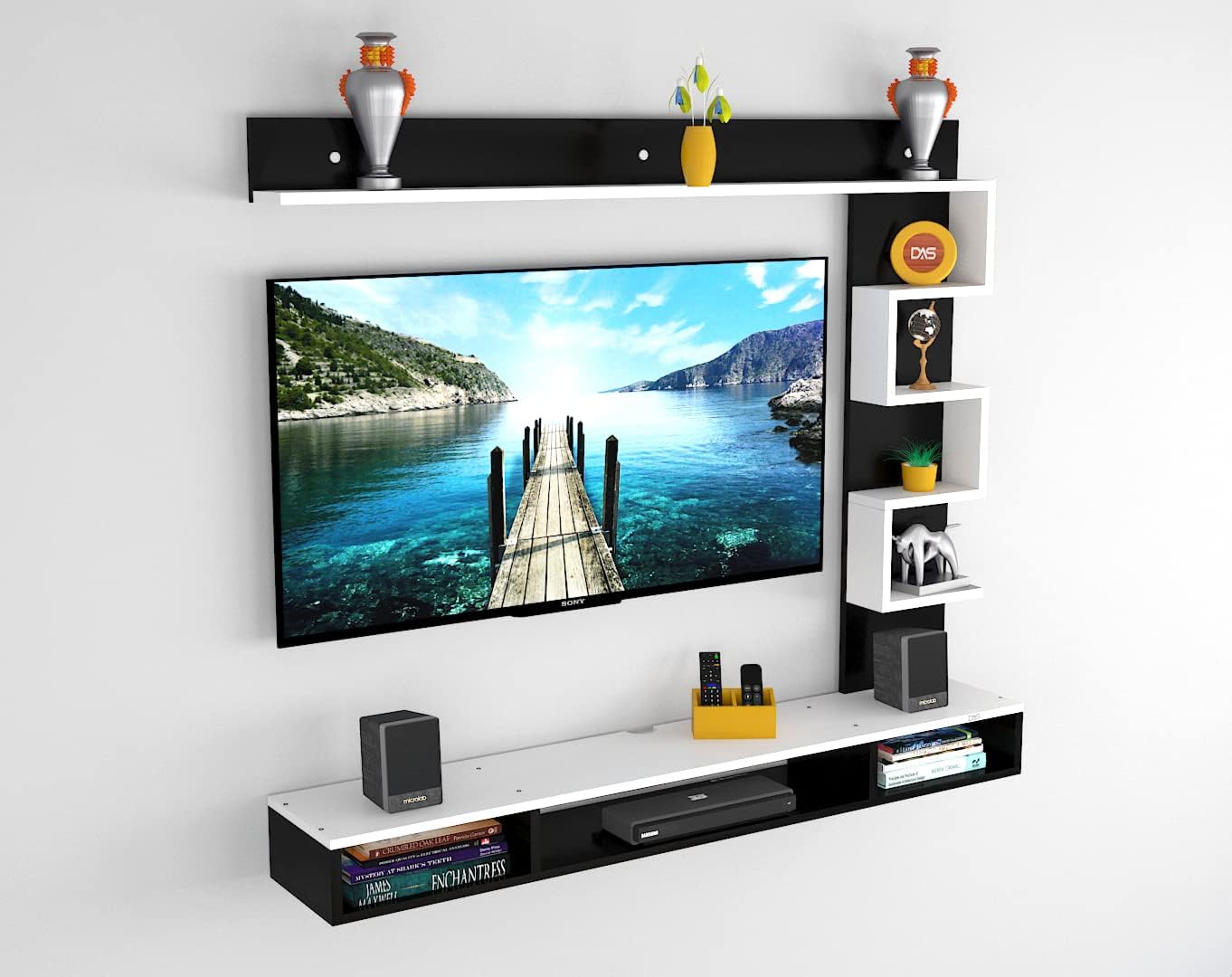 DAS Hubert Mini Wall Mount Engineered Wood TV Entertainment Unit/Tv Rack Set to Box Stand with Wall Shelves for Living Room Black & Frosty White Finish (Ideal for up to 43") Screen