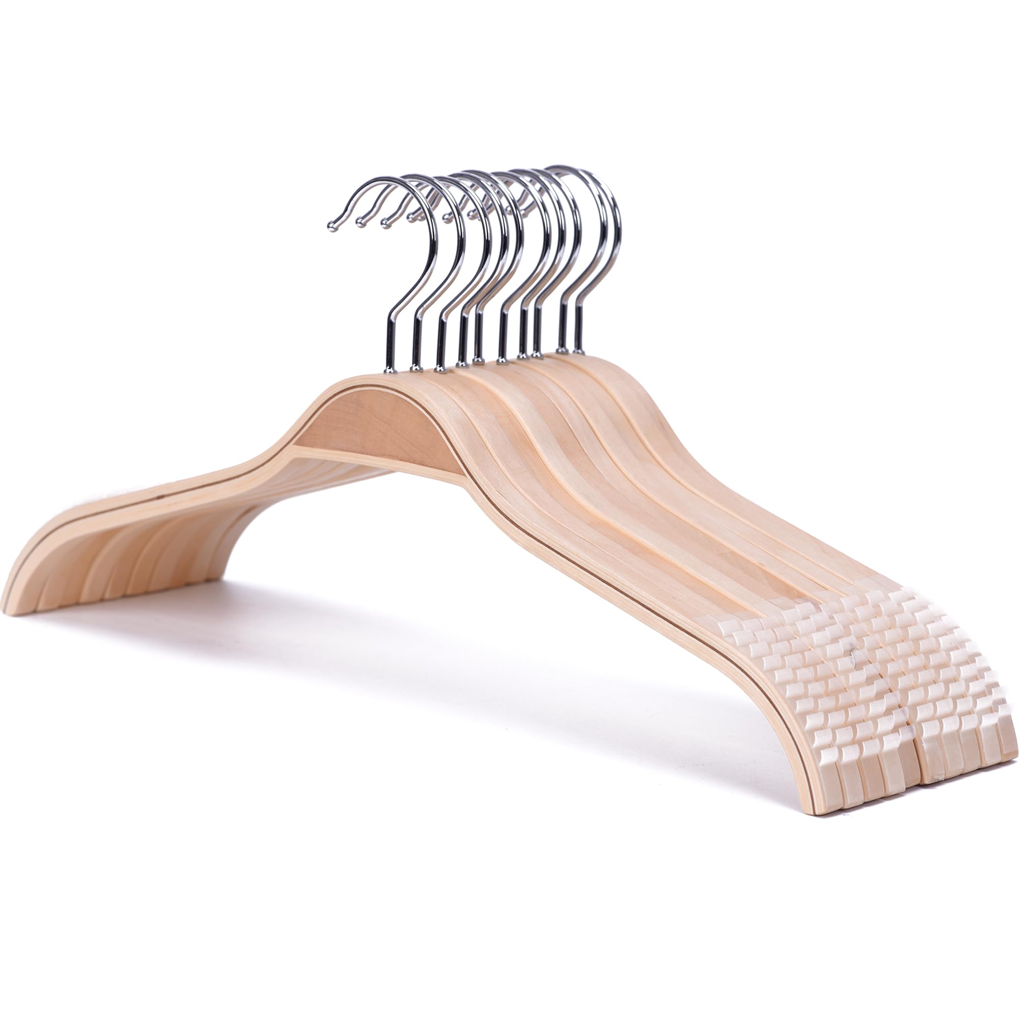 Schmale Holz-Kleiderbügel mit extra weichen, rutschfesten Gummigriffen, 10 Stück, Keine Schulterstoßen, Kleiderbügel für Pullover, Camisole und Jacke, Kleid