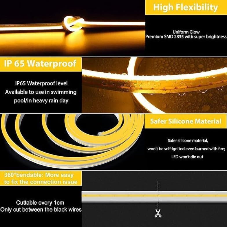 Image of V.E.S.P.A 16.4 Feet Neon LED Strip Lights, with 12V Adapter, Waterproof IP65, Silicone Flexible Rope Light for Wall Decor | DIY Name Signs | Neon Lights | 5 Meter | (Yellow)