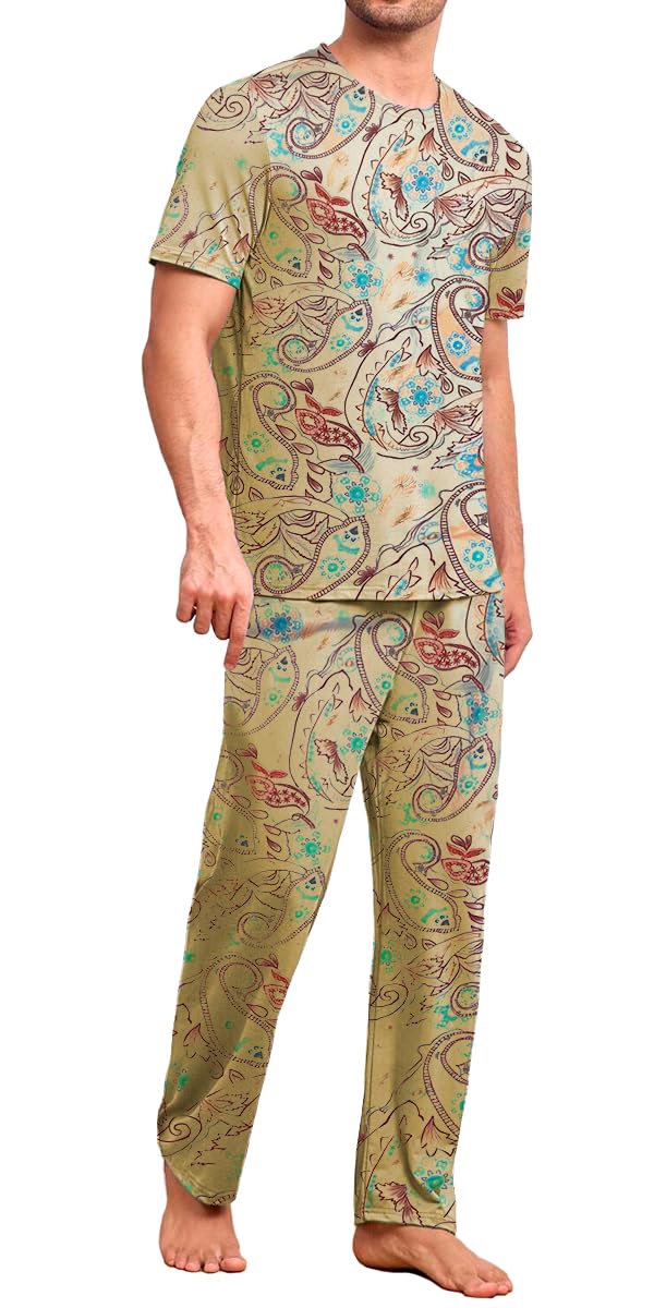 SHVE SHENDY VENDY Pijama para Hombre Playera de Manga Corta Pantalon Largo Conjunto de Pijama de 2 Piezas Cuello Redondo Suave Calido Casual para Hogar Beige Talla Mediano