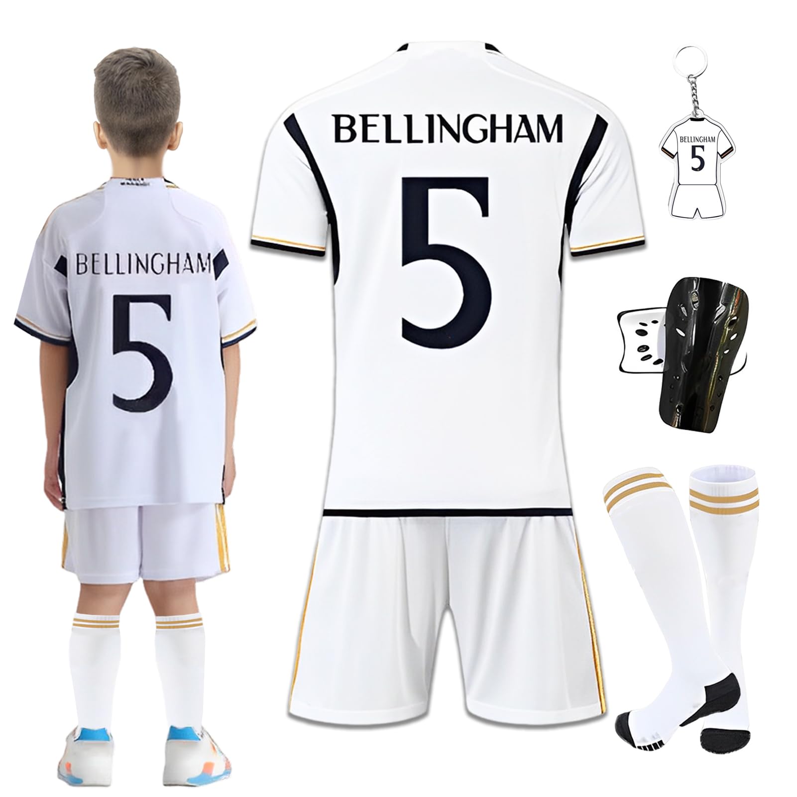 Byhsoep Camiseta de Fútbol,Conjunto de Fútbol de Jersey para Niños con Camiseta,Camiseta Deportiva de Fútbol con Pantalones Cortos,Calcetines y Placa Protectora de Rodilla
