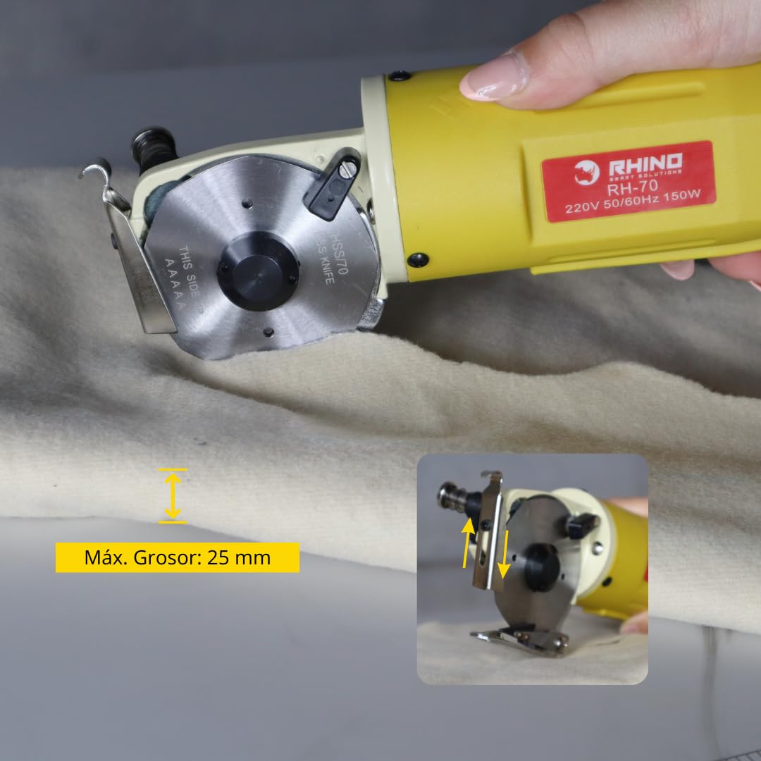 RHINO Smart Solutions RH-70 Cortador de Tela Industrial Eléctrico con Cuchilla de 70mm y Grosor Máximo de Corte 25mm | Cutter Electrico para Manualidades, Telas, Cuero | Corte Recto y Curvas