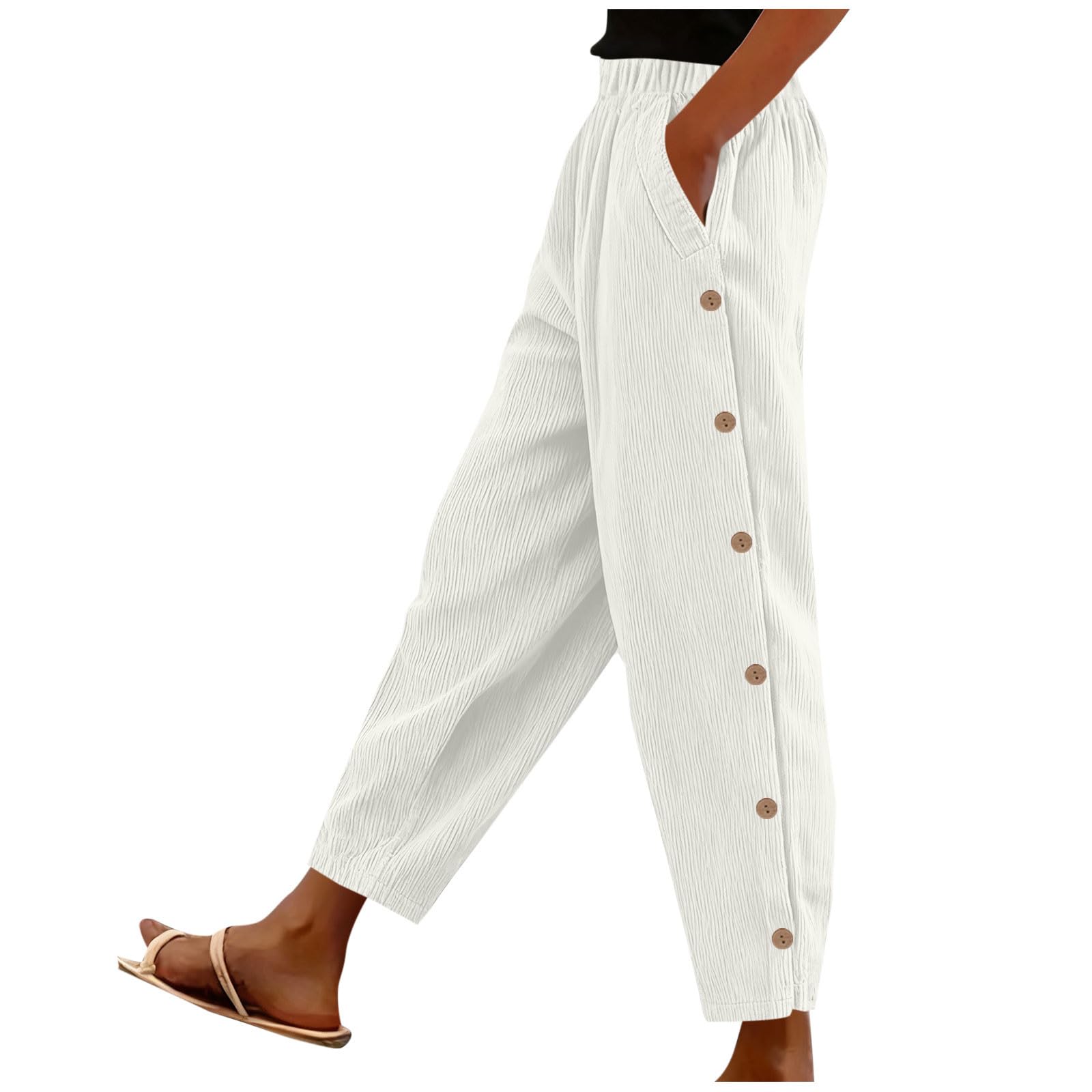 Corduroy Pants for Women Side Button Elastic Waist Fall Winter Pant Straight Leg Lightweight Comfy Trousers with Pockets