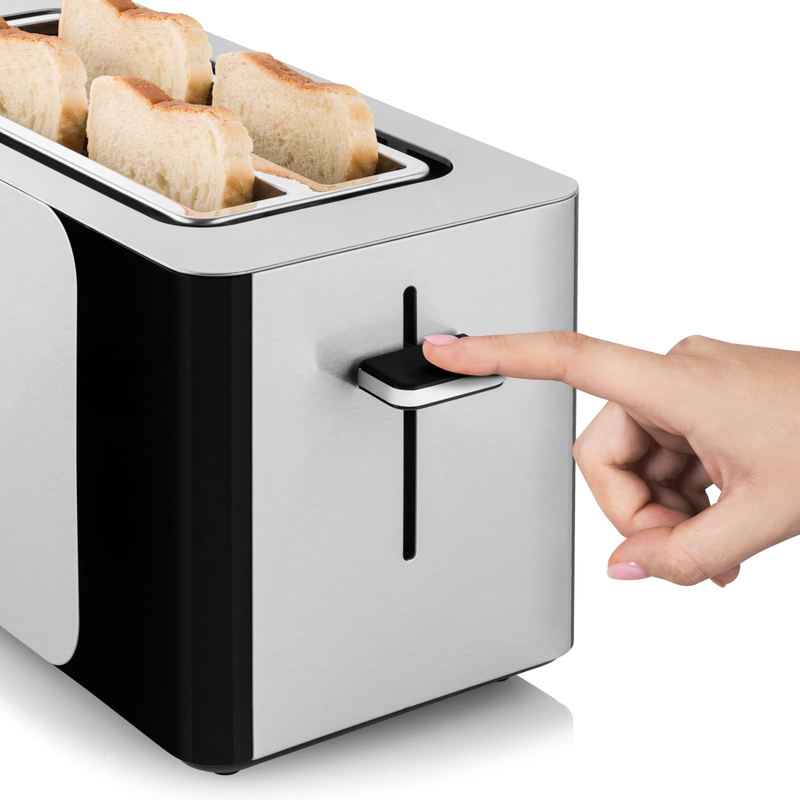 ZEEGMA TOSTEE SMART Tostadora de Pan de 4 Rebanadas de Acero Inoxidable, Soporte para Panecillos 1500 W, Descongelar, Recalentar y Parar, Bandeja para Migas, Panel Táctil con Temporizador, 6 Niveles