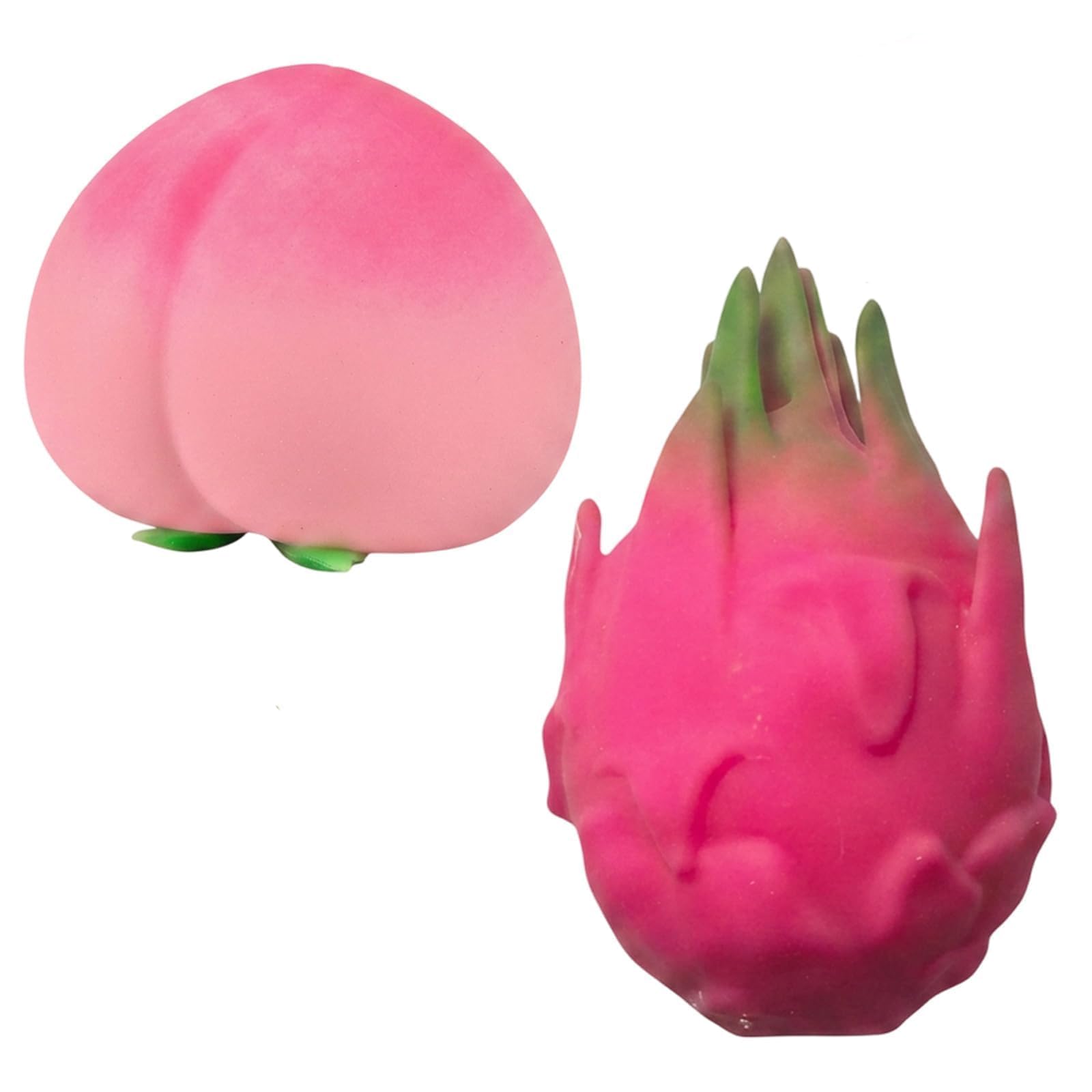 2Pcs Fruit Squishy Set, Peach and Dragon Soft Hand Squeeze Items, Cute Fruit Shaped Sensory Pieces for Desk and Home