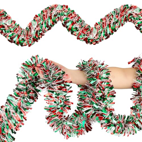 Image of 50FT Christmas Tinsel Garland, Red Green&White Metallic Twist Shiny Hanging Garland Ornaments for Christmas Tree, Party Supplies Thick Metallic Xmas Streamers