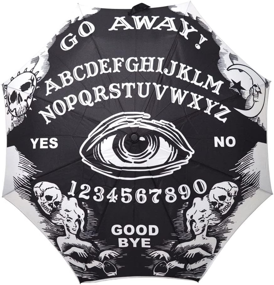 kreepsville Ouija Go Away Skull Handle Umbrella - Gothic Compact Folding Automatic Black