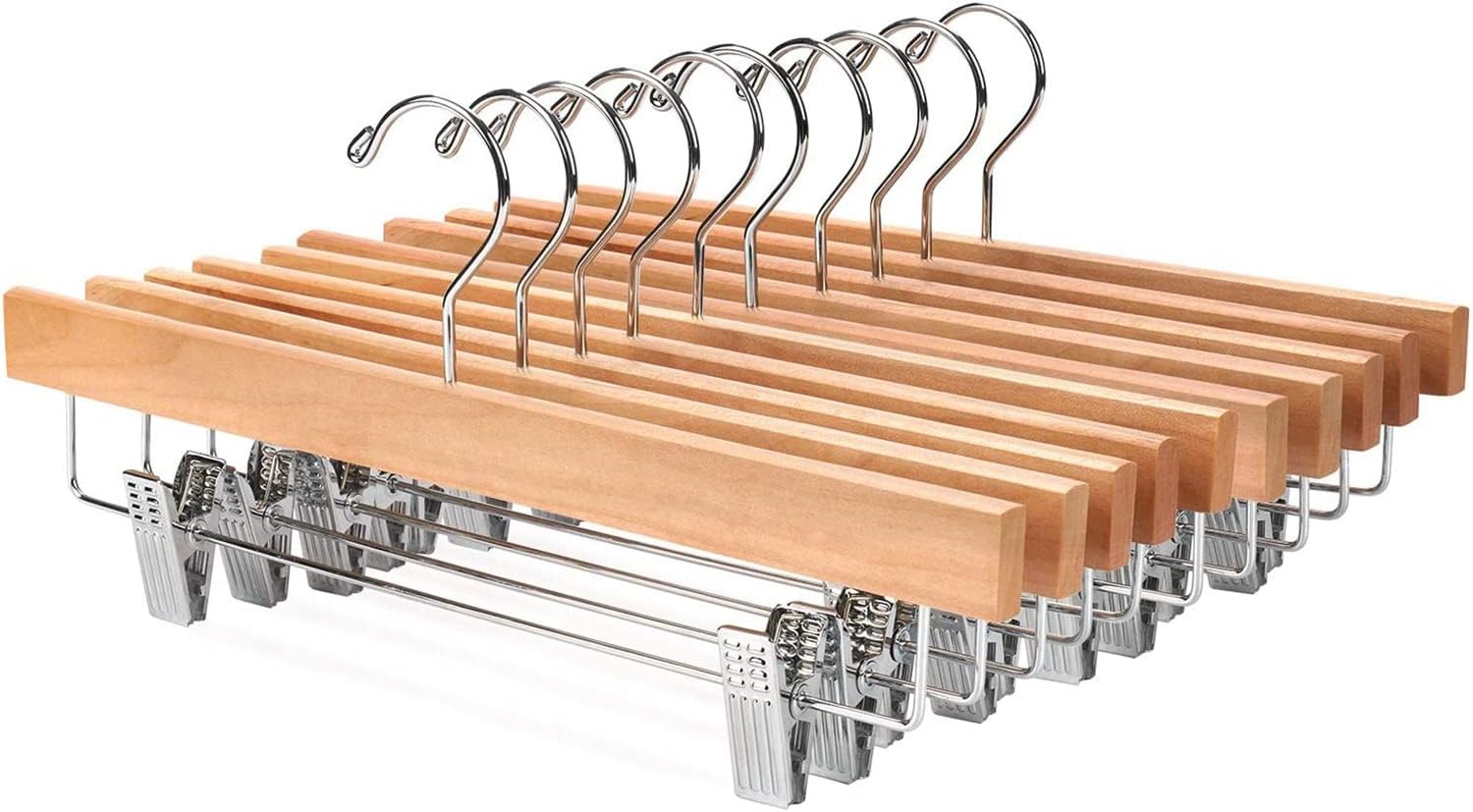 MACIUM Wooden Pants Hangers, Bottom Hanger Jeans Hanger Skirt Hanger with 2-Adjustable Clips, Solid Wood Pants Hangers, 360°Swivel Anti Rust Hook (20pcs)