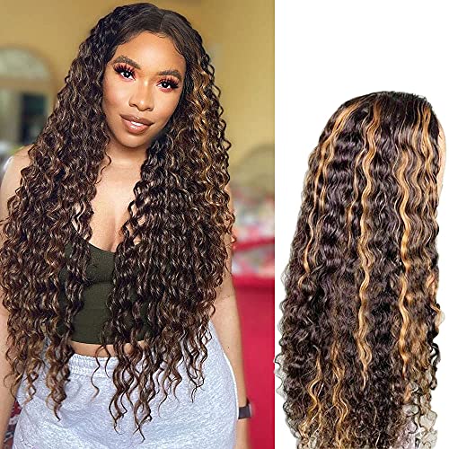 WENSUNNIE Long Curly Afro Wigs for Black Women - 24 inch Brown Highlights Wigs Middle Part Half Up Down Wig Synthetic Heat Resistant Hair Wigs for Daily Use (Brown Highlights, 24 inch)