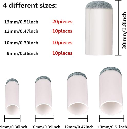 Miniatura 2 de ABOAT 50 puntas de taco de billar de 4 tamaños de repuesto para taco de billar, 0.354 in, 0.394 in, 0.472 in, 0.512 in