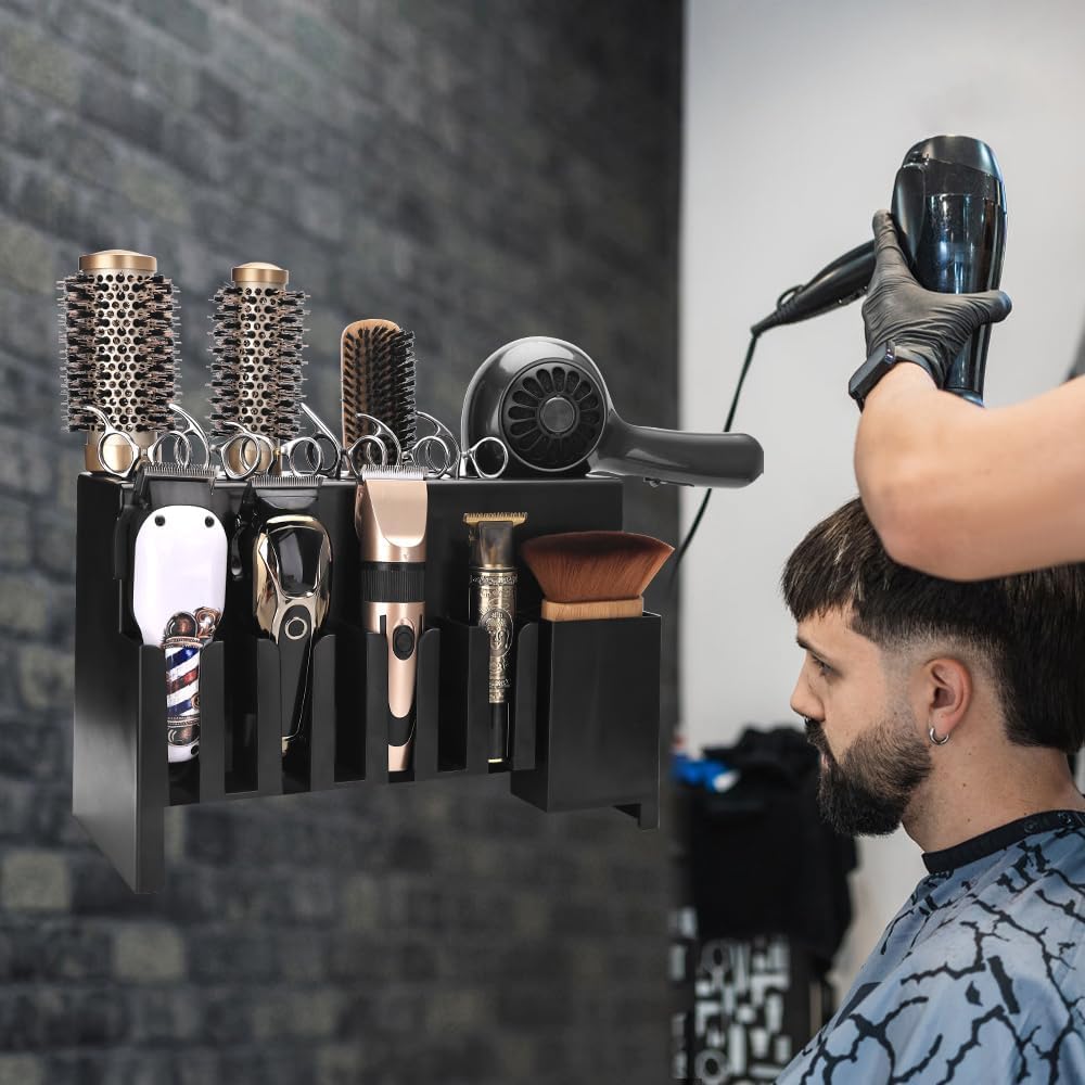 Hair Dryer Holder, Versatile Station Organizer for Wall or Desktop use, Stores Hair Dryers, Clippers, Curling Irons, Combs, Scissors, and More, for Barbershops, Salons, and Home Bathrooms