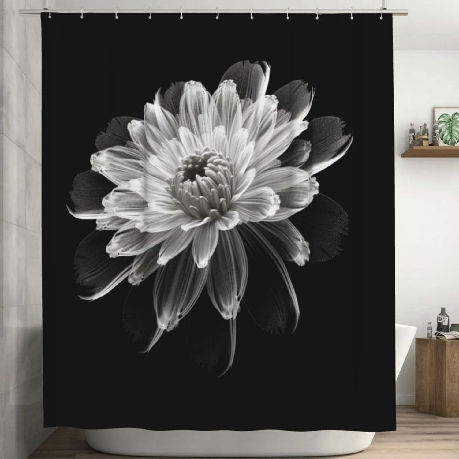Abstract Flower Shower Curtain for Bathroom, Black and White Floral Boho Shower Curtain Set, Minimalism Transparent Fabric Modern Waterproof Bathroom Decor with 12 Hooks 72x72in YLATY2538