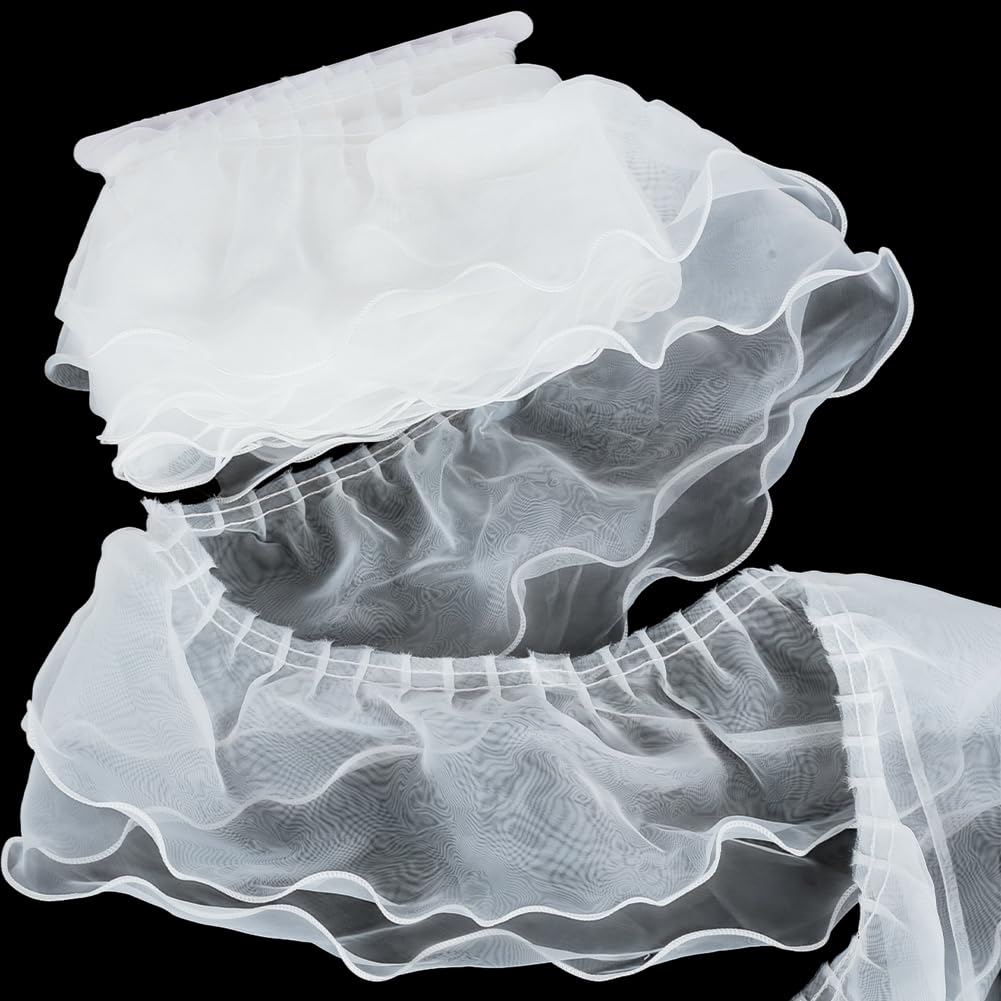 Nastro in pizzo in organza, 4,57 m, larghezza 15 cm, bianco, plissettato, doppio strato, per cucito, fai da te, decorazione per matrimoni, abiti da sposa e vestiti
