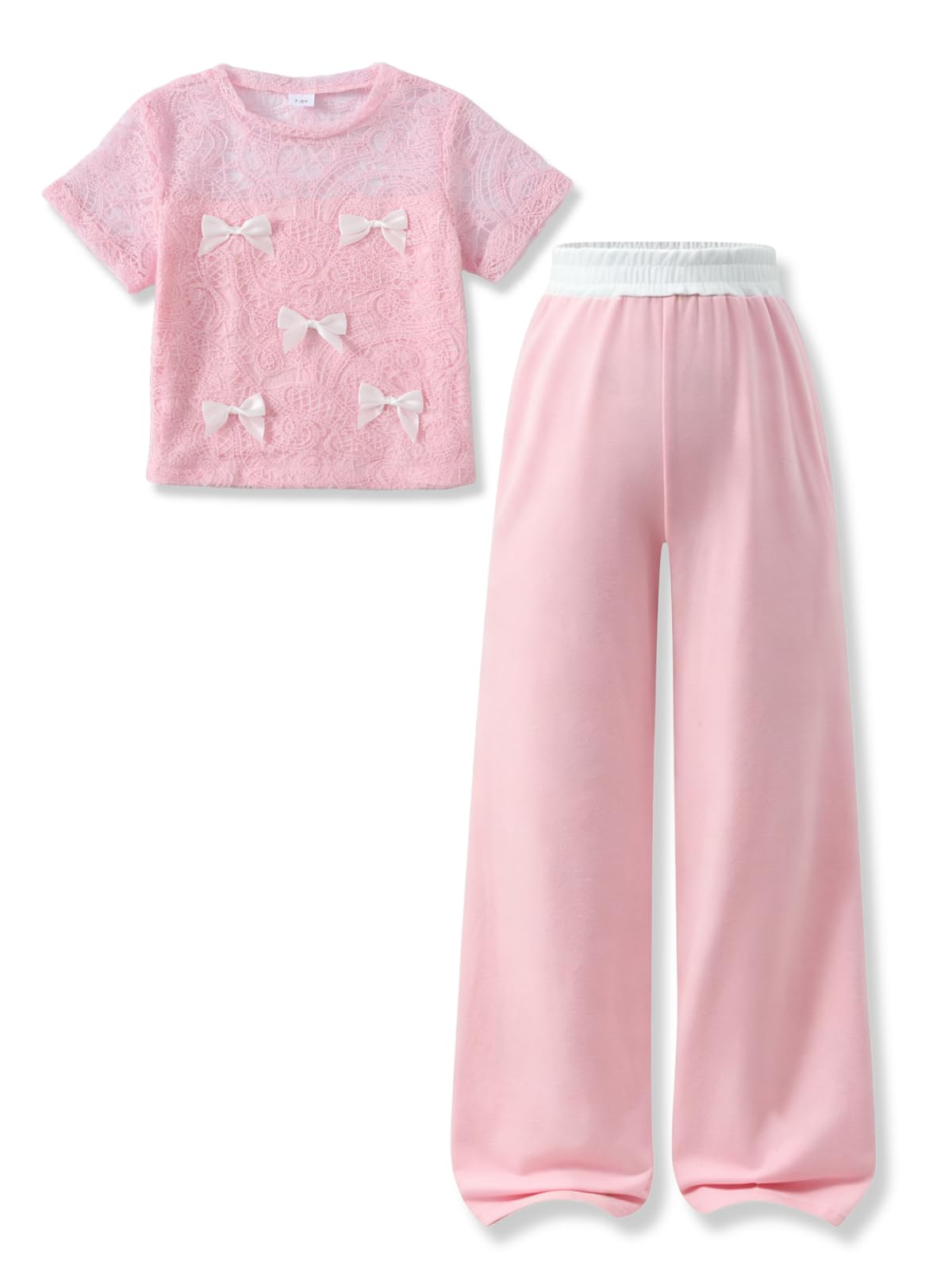 Girls Clothes 2 Piece Short Sleeve Lace Bow Print Tops Flared Pants Set Little Girl Outfits Size 7-14