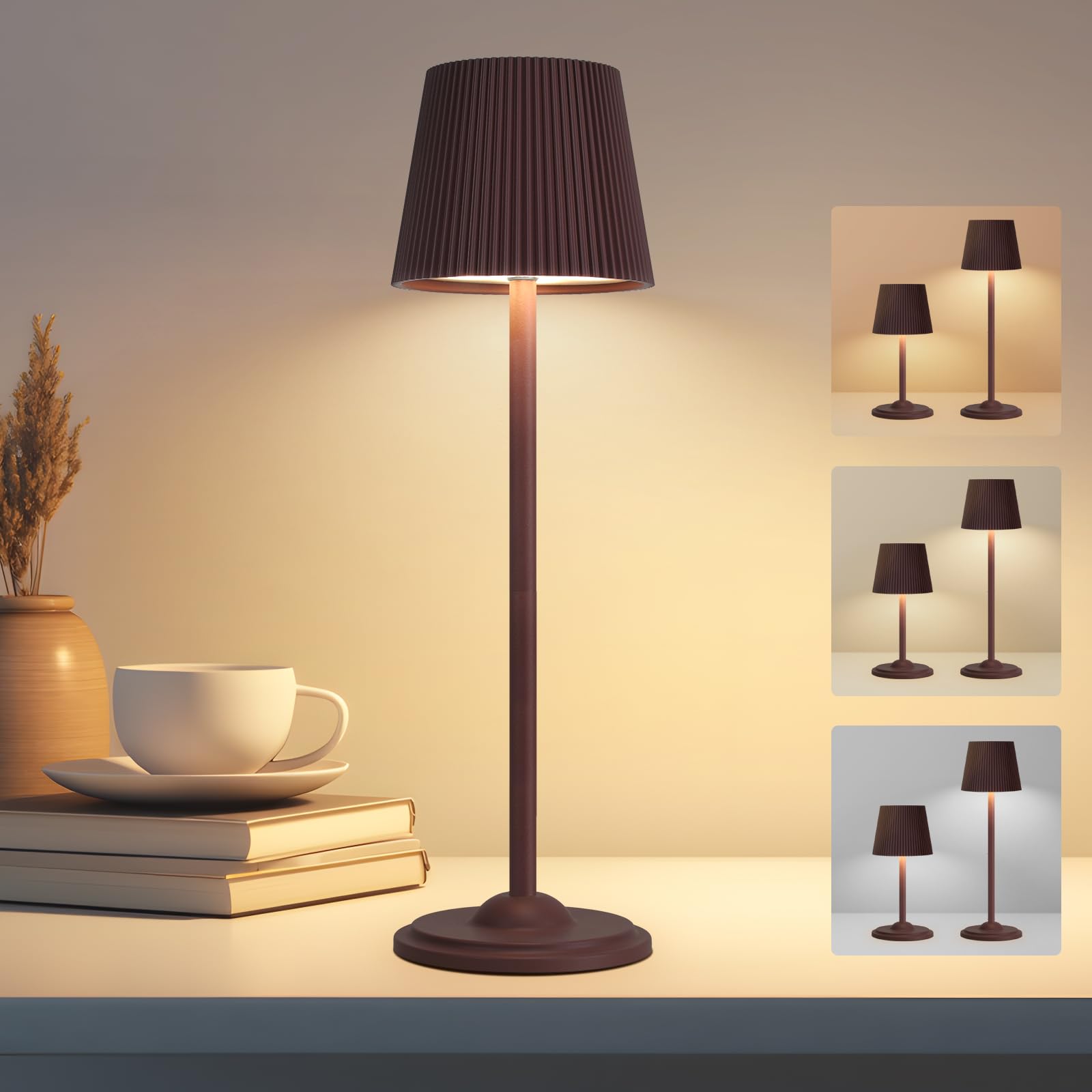 Lampada Da Tavolo A LED Senza Fili Meoaow - Set Di 2, Dimmerabile Al Tocco, Batteria Ricaricabile USB, Design Retrò In Bronzo Dorato