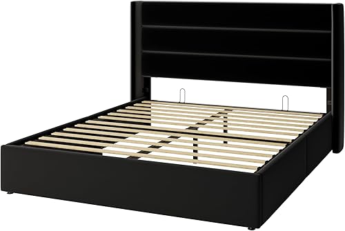 Miniatura 19 de SHA CERLIN Cama de Almacenamiento Elevable Tamaño King/Tapizada en Terciopelo/Cabecera Moderna con Respaldo de Ala/Marco de Cama Plataforma