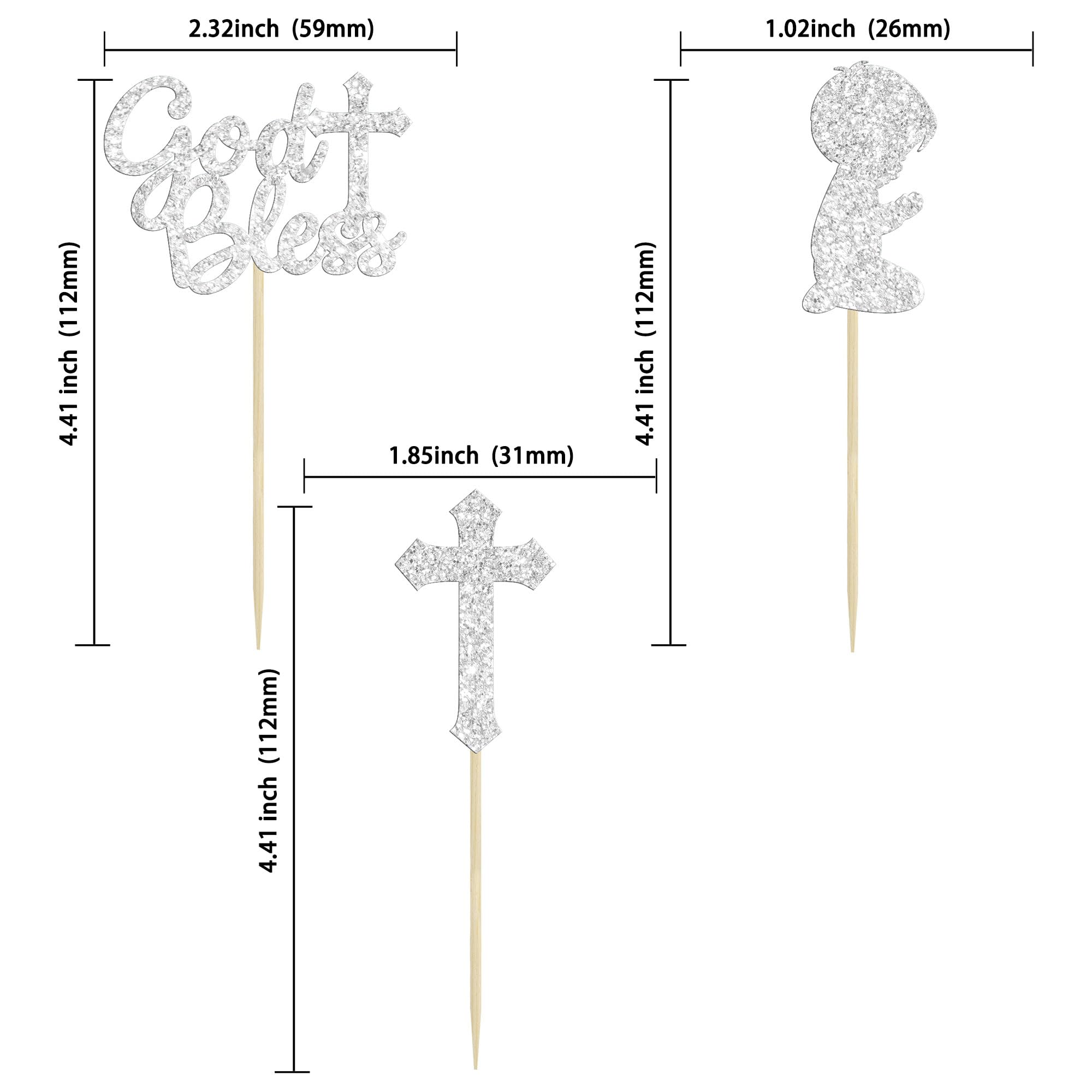 Gyufise 24Pcs Glitter Boy God Bless and Baptism Cupcake Toppers Cross Babyshower Cupcake Picks for Christian Party Decoration Supplies Silver