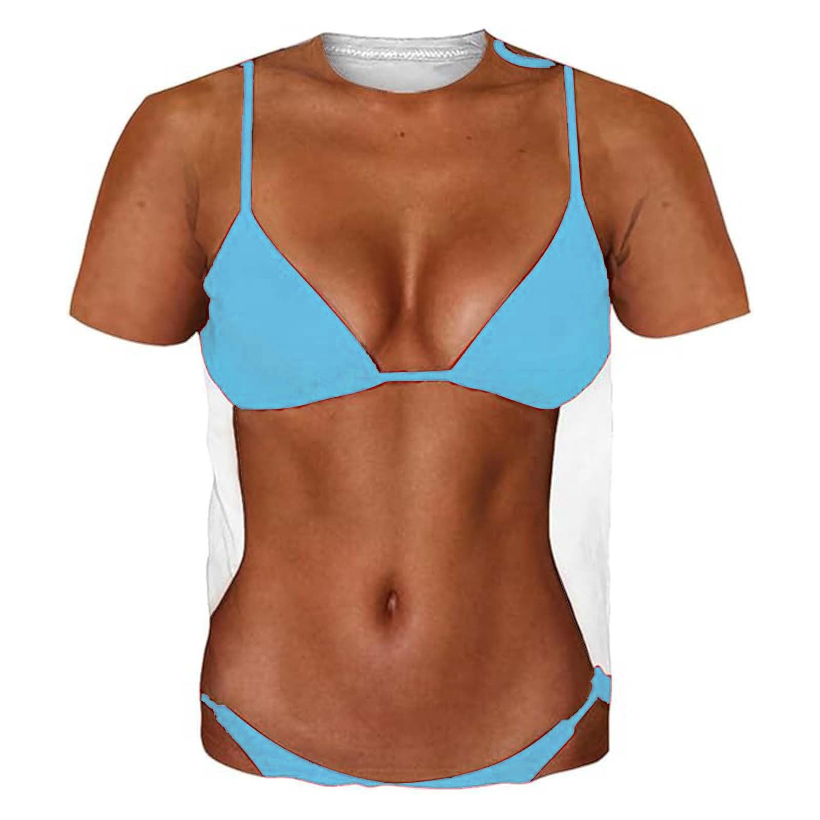 T-Shirt Men's Funny 3D Print T-Shirt Bikini Body Printed Muscle Shirt Half Sleeve Top Large Sizes Sports Shirt Muscle Costume Round Neck Short Sleeve Tops Quick Drying Sweatshirt, Light blue, XXL