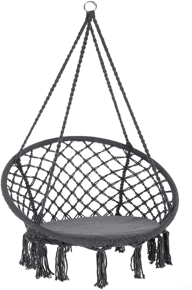 DETEX® Hanging Chair with 150kg Load Capacity | Outdoor & Indoor | Macrame Knotting Cotton Rope Swinging Chair | Perfect for Garden Patio Camping Travel Furniture Seat | Grey