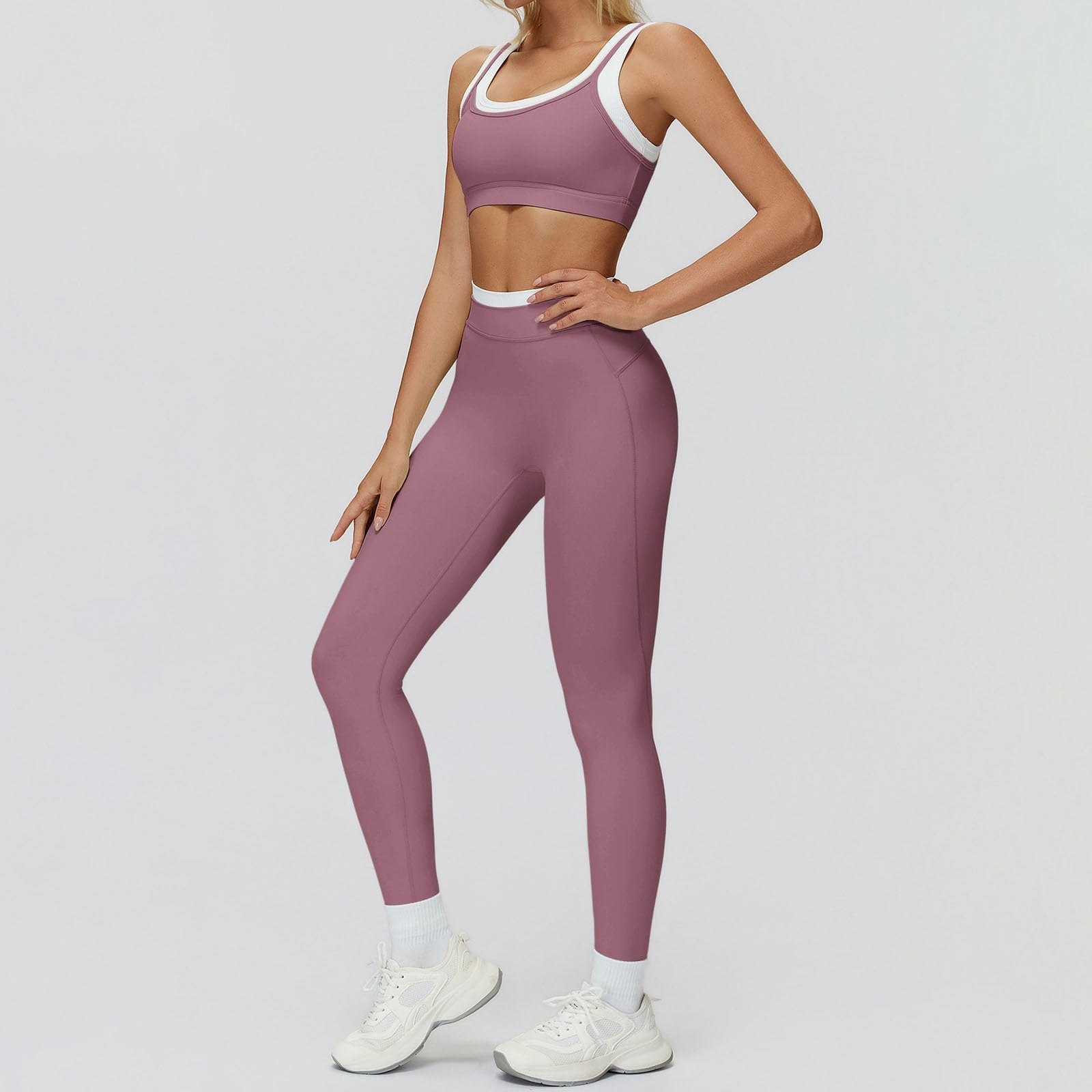 Generisch Tuta sportiva da donna a vita alta, elasticizzata, 2 pezzi, leggings da yoga, a compressione, senza cuciture, traspirante, per fitness, con leggings e reggiseno sportivo