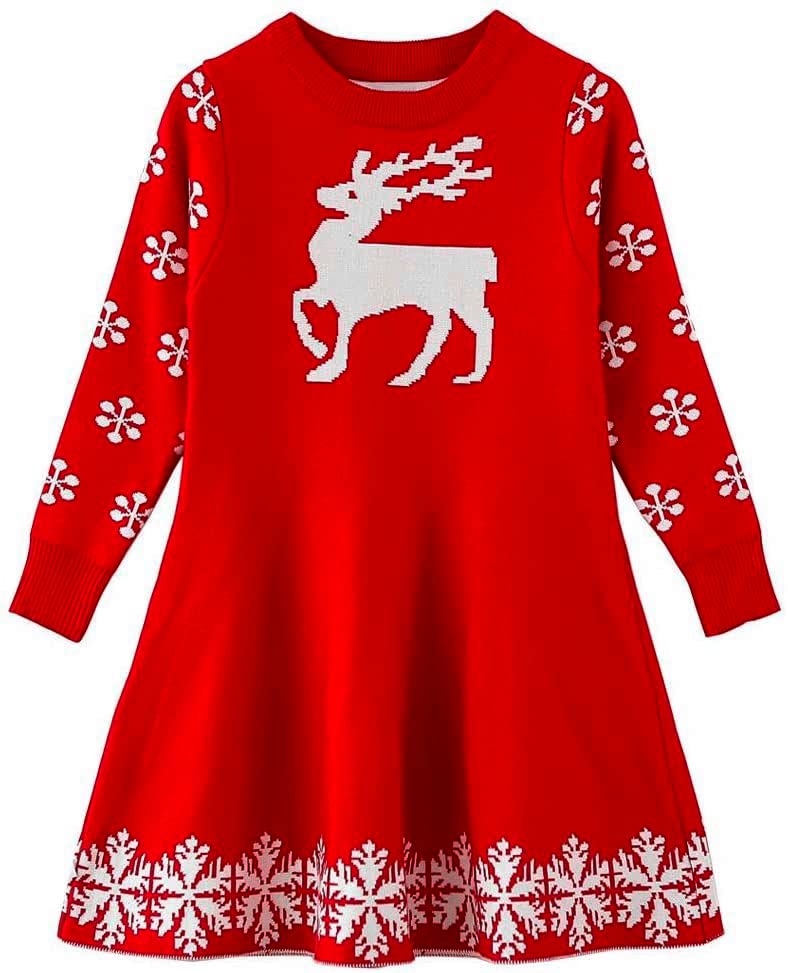Cutiego Girl Long Sleeve Knit Sweater Dress Toddler Christmas Dress Reindeer Unicorn Xmas Gifts Winter Knit Sweater Dresses…