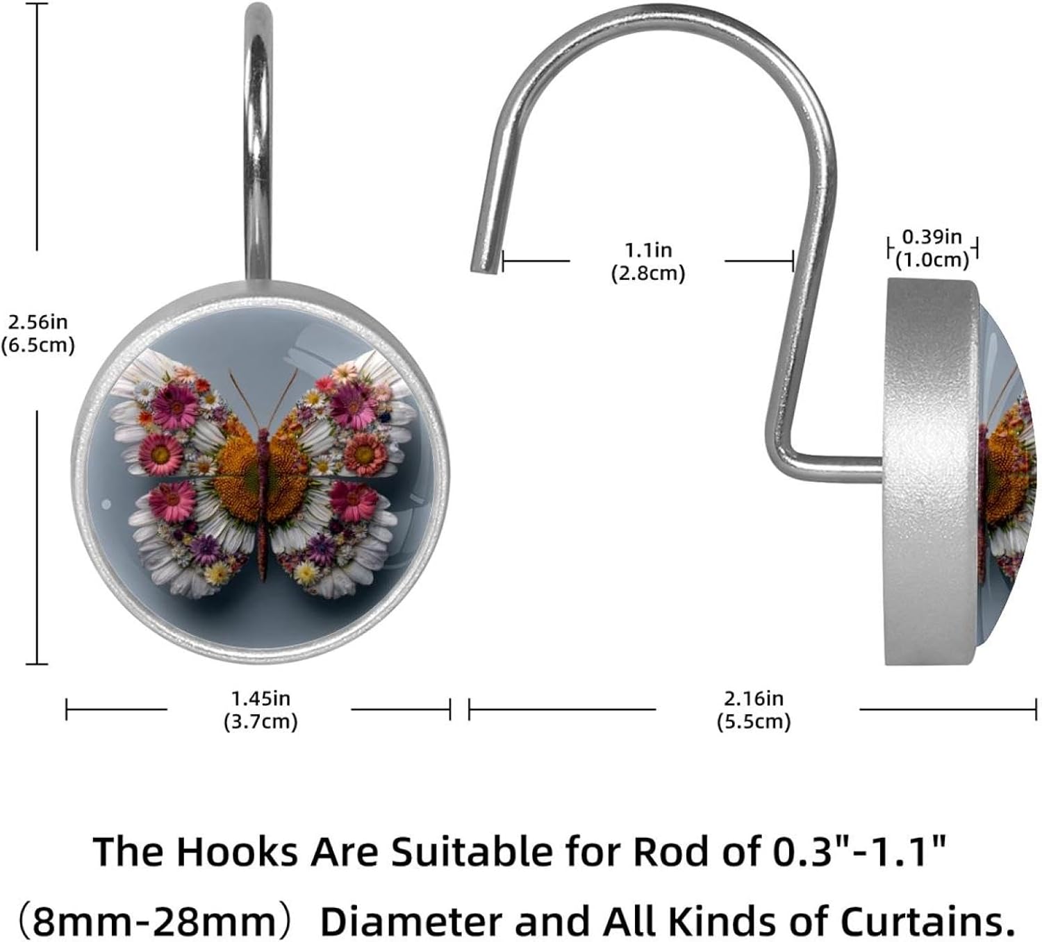 Daisy Butterfly (2) Crystal Glass Shower Curtain Hooks Rings Decorative Bathroom Decor - Set of 12