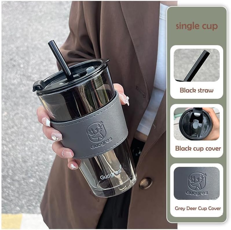 Image of Coffee Mug with Straw & Lid - Multipurpose Mason Jar Style Can Sipper for Green Tea, Milk, Juice, Smoothies & More - Reusable Drinking Cup for Home & Office (Black Leather.)
