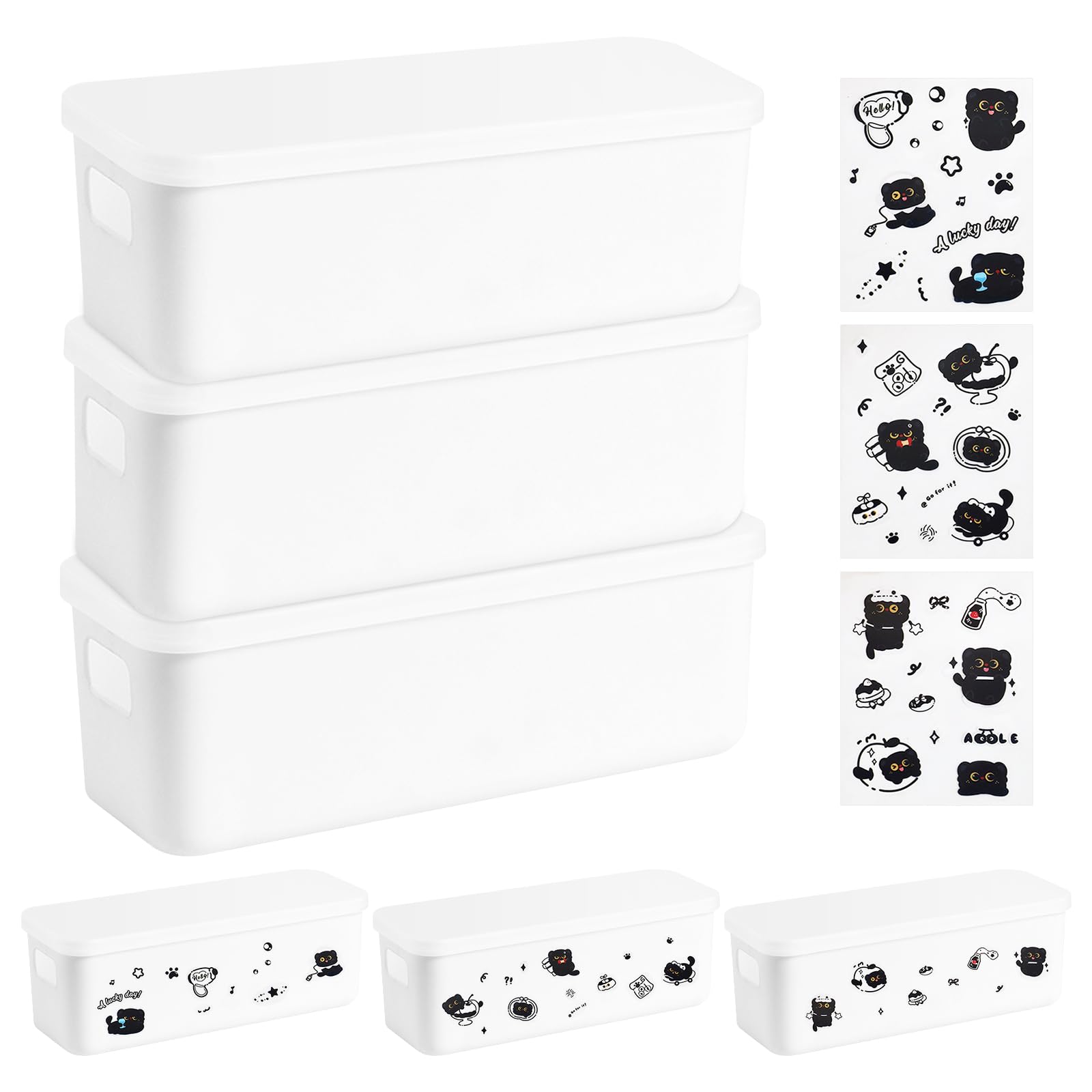 Chesomn 3 Pcs Plastic Storage Box with Lid, Narrow Storage Baskets with 3 Cat Stickers, Bathroom Storage Boxes Stackable Kitchen Cupboard Organiser for Kitchen, Office, Bathroom (28×10×9.5cm)