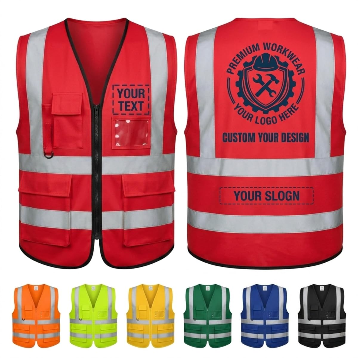 Customised High Visibility Safety Vest for Construction – Hi Vis Waistcoat with Zip, 50MM Reflective Strips, 3 Pockets + ID & Pen Holder – Personalised Workwear RED-L